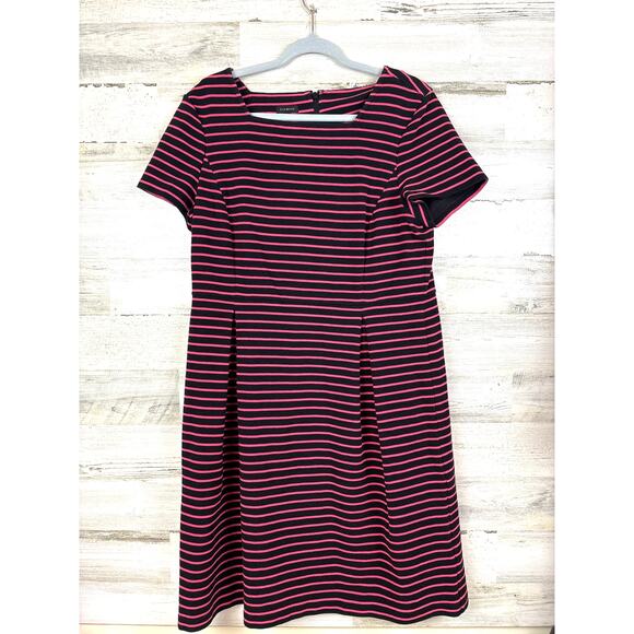 Talbots Women 14 Black Pink Stripe Short Sleeve Knit Stretch A-Line Mini Dress - Picture 1 of 4